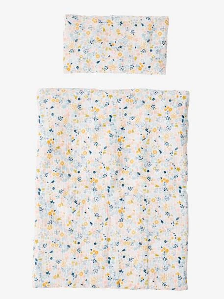 Couette + Oreiller Poupon En Gaze De Coton Blanc Fleuri - Vertbaudet