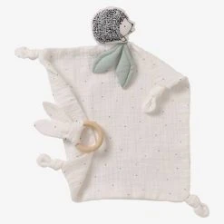 Doudou Carré En Coton Bio* Et Polyester + Hochet Rond LOVELY NATURE Blanc Moyen Uni Avec Decor - Vertbaudet
